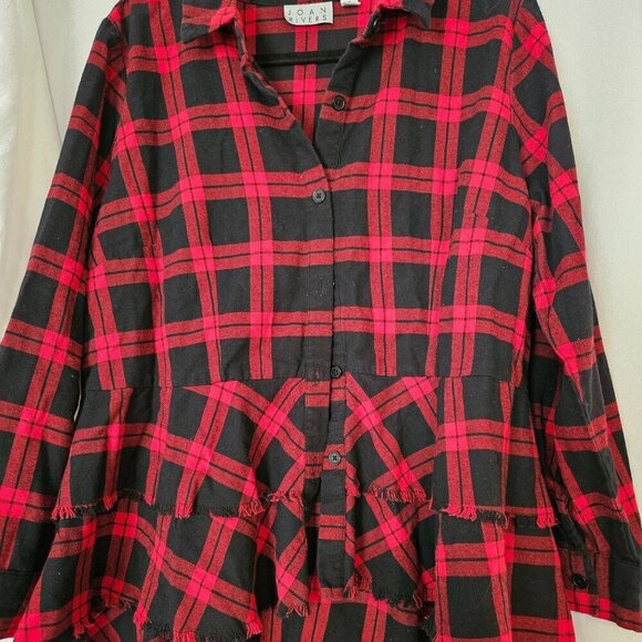 Joan Rivers Shirt Womens 16 Red/Black Plaid Peplum Fringe‎ Hem Flannel - Picture 1 of 7